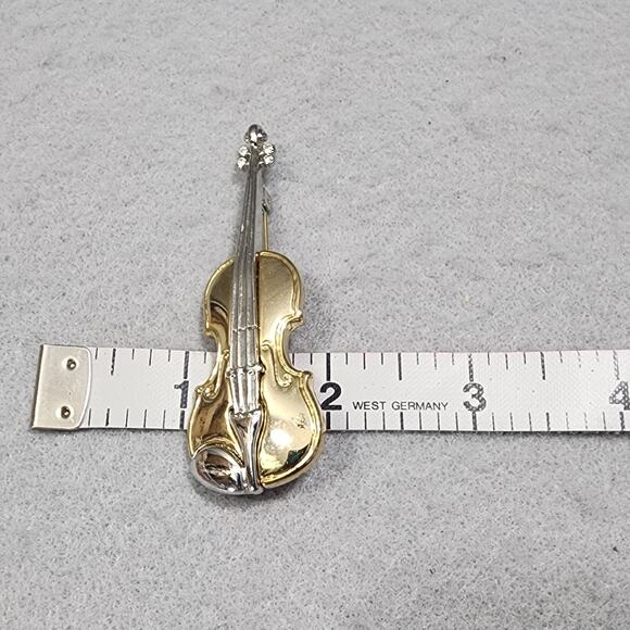 Violin Brooch Pin Rhinestone Accents On Bridge Gold & Silver Tone Vintage - Picture 16 of 16